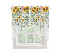Summer Sunflower Swag Valances for Windows Daisy Eucalyptus Leaf Semi Sheer Valance Curtains Farmhouse Floral Voile Swags Topper Curtain for Kitchen Living Room Bedroom, 2 Panels, 36x36 Inch
