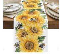 Summer Sunflower Table Runner 13 x 72 Inch, Watercolor Flowers Cartoon Bee Rustic Farmhouse Washable Cotton Linen Dining Table Runner Tabletop Decorations for Restaurant Home Kitchen Party