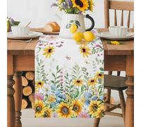 Summer Sunflower Table Runner 14x72 Inches Long Daisy Eucalyptus Leaf Cotton Linen Table Runner Burlap Style for Dinner Table Party Decor Tabletop Decorations