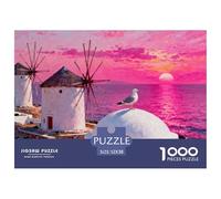 Summer Sunset at Greek Mykonos Windmills Wooden Jigsaw Puzzle Waterproof 1000 Piece Puzzles for Adults Colourful Home Decoration