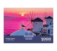 Summer Sunset at Greek Mykonos Windmills Wooden Jigsaw Puzzle Waterproof 1000 Piece Puzzles for Adults Challenging And Brainteasing Games
