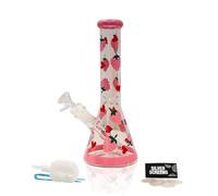 Summer Sunset LTD Glass Strawberry Bong, Beaker Shape, 24.5cm Tall, 369g, Pink, Hand-Painted Strawberries & Hearts, Ice Catcher, Complete Set with 14.5mm Bowl Piece & Downstem