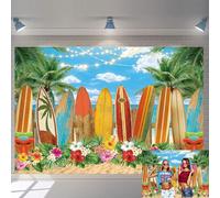 Summer Surfboard Party Backdrop 7x5FT Aloha Tropical Palm Flower Blue Sky Ocean Surfs Up Hawaiian Photography Background Baby Shower Birthday Party Decor Luau Tiki Photo Background