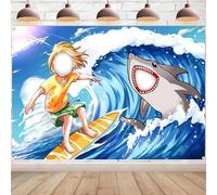 Summer Surfing Backdrop Shark Face Cutout Huge Sea Waves Photography Background Summer Beach Party Decoration Photo Booth Props