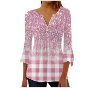 Summer T-Shirt for Women Loose Tunnic Basic Tops Women's Spring and Summer Seven Minutes of Bell Sleeve V Neck Pressed Pleated Solid Color Button T Shirt Womens Warm Long Sleeve (Pink, XXL)