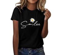 Summer T Shirts for Women Cotton Short Sleeve Letter Print Tops Eleagnt Trendy Soft Baggy Tops for Women UK 80s T Shirts Cotton Crew Neck Plus Size Basic Solid Color Tee Blouse (Black, M)