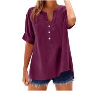 Summer T-Shirts for Women Sale Clerance Half Sleeve Blouses Solid Color Pleated Shirts Ladies V Neck Buttons Pullvers Loose Tunic Tops Womens Going out Tees Work OffIce Elegant Top Plus Size S-XXL