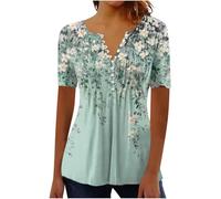 Summer T Shirts for Women UK Plus Size Short Sleeve Tunic Tops Loose Fit Tshirts for Ladies Henley Shirt Button Up V Neck Trendy Dressy Blouse Longline Flowy Pleated Elegant Going Out Tee Size 18