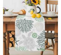 Summer Table Runner 13x36 Inches Long Green Grey Coastal Ocean Sea Turtle Coral Seashell Cotton Linen Table Runner Burlap Style for Dinner Table Party Decor Tabletop Decorations