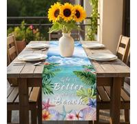 Summer Table Runner 13x72 inch Life Is Better At The Beach Ocean Plants Shells Cotton Linen Dining Table Runner Ideal for Dresser Kitchen Coffee Tables - Machine Washable