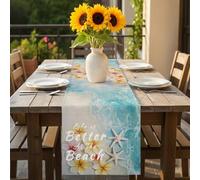 Summer Table Runner 13x72 inch Life Is Better At The Beach Yellow Flowers Cotton Linen Dining Table Runner Ideal for Dresser Kitchen Coffee Tables - Machine Washable