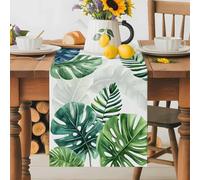 Summer Table Runner 14x72 Inches Long Tropical Plants Watercolor Green Palm Leaf Farmhouse Cotton Linen Table Runner Burlap Style for Dinner Table Party Decor Tabletop Decorations