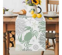 Summer Table Runner 18x72 Inches Long Sage Green Crab Coral Seashell Nautical Coastal Ocean Cotton Linen Table Runner Burlap Style for Dinner Table Party Decor Tabletop Decorations