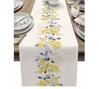 Summer Table Runner 70 Inches Long Spring Flower Wild Leaves Seasonal Runner for Tables Dining Room Blue White Yellow Floral Holiday Dinner Runner Party Table Decoration