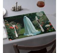 Summer Table Runner A Ghostly Figure Stands Amidst Vibrant Rose Bushes Dining Place Mats Decorative Plates Kitchen And Dining(4PCS)
