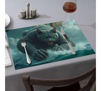 Summer Table Runner A Giant Cat Is Attacking A Ship In A Stormy Sea Dining Place Mats Decorative Plates Kitchen And Dining(6PCS)