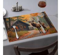 Summer Table Runner A Majestic Elk Stands On A Forest Path Near A Cozy Cabin Dining Place Mats Tablecloth Easter Table Decorations(4PCS)