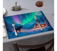 Summer Table Runner A Moose Stands In Front Of A Cozy Cabin Under The Northern Lights Dining Place Mats Decorative Plates Kitchen And Dining(1PCS)