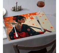 Summer Table Runner A Woman In A Red Kimono With Intricate Tattoos Holds A Sword Dining Place Mats Decorative Plates Kitchen And Dining(4PCS)