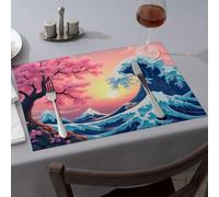 Summer Table Runner Cherry Blossoms And Waves At Sunset Dining Place Mats Yellow Placemats Western Party Decorations(4PCS)