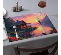 Summer Table Runner Log Cabin by The Lake At Sunset Dining Place Mats Kitchen & Table Linens Western Tablecloth(4PCS)
