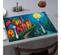 Summer Table Runner Magical Night Village By The River Dining Place Mats Yellow Placemats Western Party Decorations(1PCS)