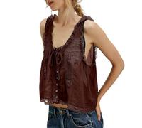 Summer Tank Tops for Women Fashion Boho Tie Front Lace Trim Beach Button Down Sleeveless Shirts Mesh Chiffon Crop Tops Y2k Clothes Brown