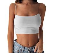 Summer Tank Tops for Women Square Neck Crop Top Sleeveless Vest Ladies Solid Spaghetti Strap Camisole Slim Short 80s T Shirts Womens Casual Loose Blouse White