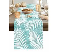 Summer Teal Palm Table Runner 72 Inches Long, Country Watercolor Teal Leaf Abstract Stripe Washable Table Runners Heat-Insulation Kitchen Dining Table Decorations for Home Party Decor, 13"x72"