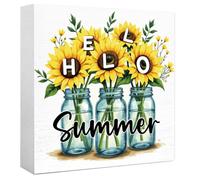 Summer Themed Sunflowers Wooden Box Sign, Hello Summer Wood Block Sign for Home Kitchen Garden Decor Tiered Tray Desk Shelf Tabletop Decor 5 X 5 Inches