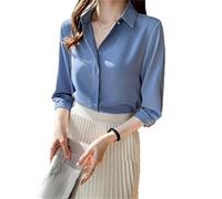 Summer Thin V Neck Silk Shirts for Women Long Sleeve Blouses Satin Shirt Office Lady Solid Silk Shirt 1-Blue M