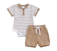 Summer Toddler Baby Boys 2 Piece Outfits Striped Short Sleeve Romper Bodysuit Top Drawstring Elastic Shorts Set 0-18 Months (Khaki, 9-12 Months)