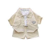 Summer Toddler Baby Boys Girls Short Sleeve Solid Jacket Clothes Set Solid Boys Girl Casual Shorts 2pcs Suit Cute Kids Outfits (Beige, 12M)