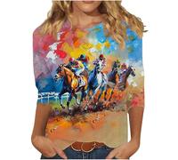 Summer Top Activewear Work Tees Tunic Eventing Loose Fit Workwear Racehorse Printing Summer Clothes Beach Shirt Women 3/4 Sleeve Horse Racing Casual Plus Size Shirt Blouse
