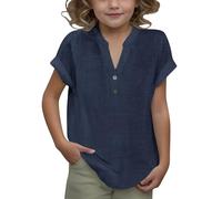 Summer Top Girls 9 Years V Neck Button Up Trendy Blouse Kids Tees Tunic Navy Children Clothes Navy Kid Tshirt Teen Outfits 9 Years Cotton Linen Girls Summer Top Loose Tshirt