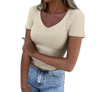 Summer top Summer Tops for Women UK Short Sleeve T Shirts Ladies Square Neck Ribbed Slim Fit Tee Shirt Casual Lightweight Basic Tunic Going Out Top (Beige, XXL)