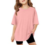 Summer Tops for Girls Drop Shoulder Oversized T Shirts for Toddler Summer Short Sleeve Crewneck Tops Plain Loose Fit Baggy Vintage Shirts Holidays School Basic Wear (Pink, 11-12 Years)
