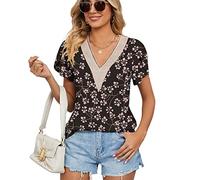 Summer Tops for Women 2023 Trendy Petal Short Sleeve Tunic Top Loose Boho Lace V Neck Casual Vintage Floral Shirt Blouse, Black Floral-2, XXL