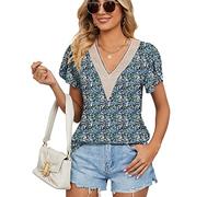 Summer Tops for Women 2024 Trendy Petal Short Sleeve Tunic Top Loose Boho Lace V Neck Casual Vintage Floral Shirt Blouse, Navy Blue Floral-1, XXL