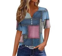 Summer Tops for Women 2025 Trendy Button Down Shirts Short Sleeve Henley V Neck Tops Spring Summer Dressy Casual Shirt Clothes Y2K Cute Printed Tees Tunic Blouses Plus Size Navy02 M