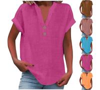 Summer Tops for Women 2025 Trendy Short Sleeve Cotton Linen Shirt Casual Button v Neck Tunic Blouses Outfits, #G014-hot Pink, M