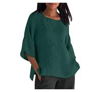 Summer Tops for Women 3/4 Sleeve Crewneck Cotton Linen Shirts Dressy Causal Solid Side Slit Blouse Loose Fit Pullover Green 4XL