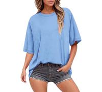 Summer Tops for Women Short Sleeve Crewneck Oversized T Shirts Trendy Solid/Flower Printed Beach Vacation Clothes(1B-Blue, S)