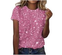 Summer Tops for Women Short Sleeve Round Neck T Shirts Sparkly Print Loose Fit Cute Tee Shirt Casual Tshirts Spring Summer Short Sleeve Blouse for Ladies UK Plus Size 8-22 Pink