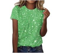 Summer Tops for Women Short Sleeve Round Neck T Shirts Sparkly Print Loose Fit Cute Tee Shirt Casual Tshirts Spring Summer Short Sleeve Blouse for Ladies UK Plus Size 8-22 Green