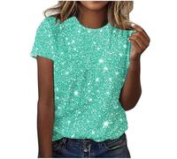 Summer Tops for Women Short Sleeve Round Neck T Shirts Sparkly Print Loose Fit Cute Tee Shirt Casual Tshirts Spring Summer Short Sleeve Blouse for Ladies UK Plus Size 8-22 Mint Green