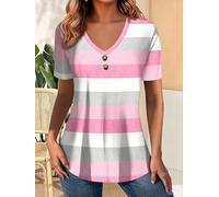 Summer Tops for Women, Striped V Neck Henley Short Sleeve Casual Blouse | Pink White Gray, Half Placket, Fitted, Curved Hem, Waffle Knit, Elegant, Feminine, Sweet, Office, Date, Vacation
