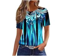 Summer Tops for Women UK Blue Tie Dye T-Shirt Fashion All Over Print T-Shirts Basic Crew Neck Tee Shirts Casual Loose Color Block Tshirt Womens Shirt Base Layer Tees Casual Wear