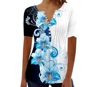Summer Tops for Women UK Casual V Neck Short Sleeve T-Shirts Floral Print Button Down Shirts Boho Tops Ladies Elegant Tunic Blouses Loose Fit Pleated Tshirt Fashion Outfits