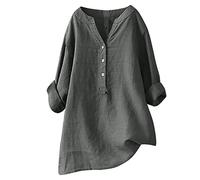 Summer Tops for Women UK Clearance Casual Button Down Cotton Linen Shirts V Neck Roll Up Long Sleeve Blouses Loose Fit Dressy Blouses Oversized Tees Office Work Blouses Tops